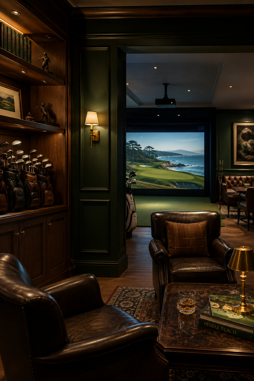 The Caddie Room interior — leather chair, walnut bookshelf, simulator screen showing Pebble Beach