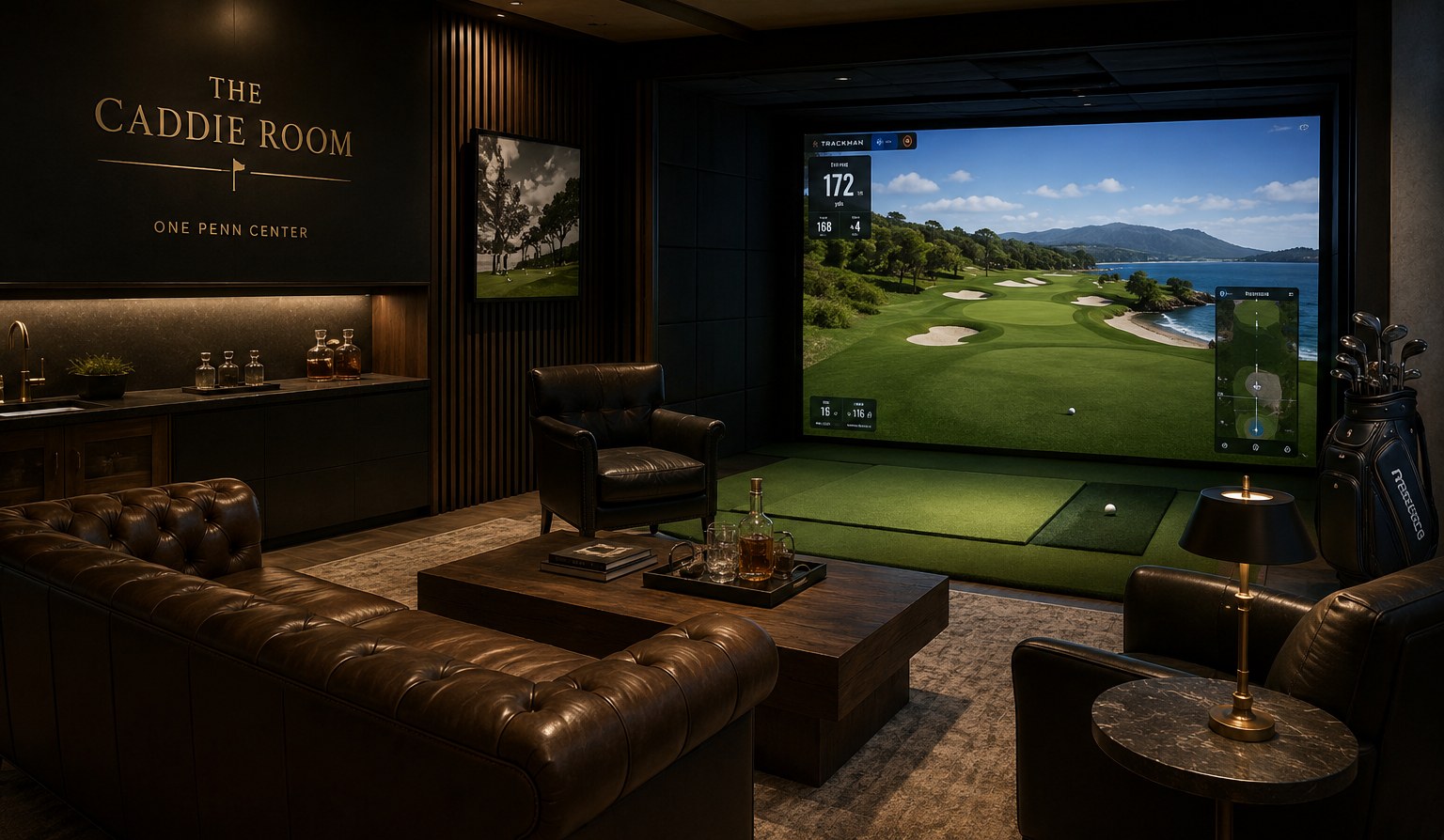 Concept image of a private luxury indoor golf simulator lounge